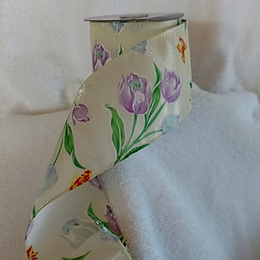 Easter, Spring, tulips wired ribbon 2.5" x 18'